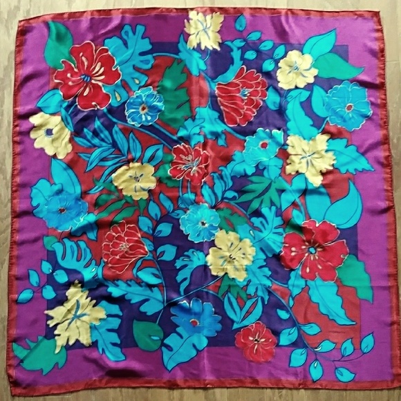 VTG Tropical Print Gold Accent Silk Scarf - Picture 3 of 8